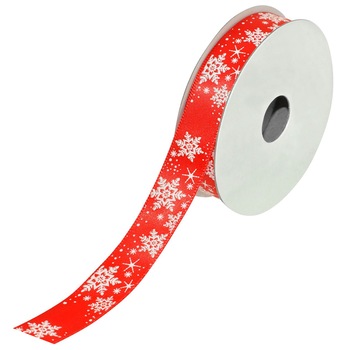 Panglica decorativa Craciun alb rosie cu imprimeu fulgi de zapada, DecorCasa, 15 mm x 5 m Panglica decorativa Craciun alb rosie cu imprimeu fulgi de zapada, DecorCasa, 15 mm x 5 m