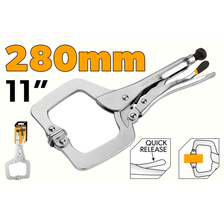 Cleste autoblocant pentru sudura tip C TOLSEN 280 mm, Cr-V, Industrial, eliberare rapida, deschidere maxima 90 mm, duritate HRC52–56, finisaj nichel, prindere ferma si precisa, eliberare rapida cu tija de reglaj, otel placat cu nichel pentru rezistenta