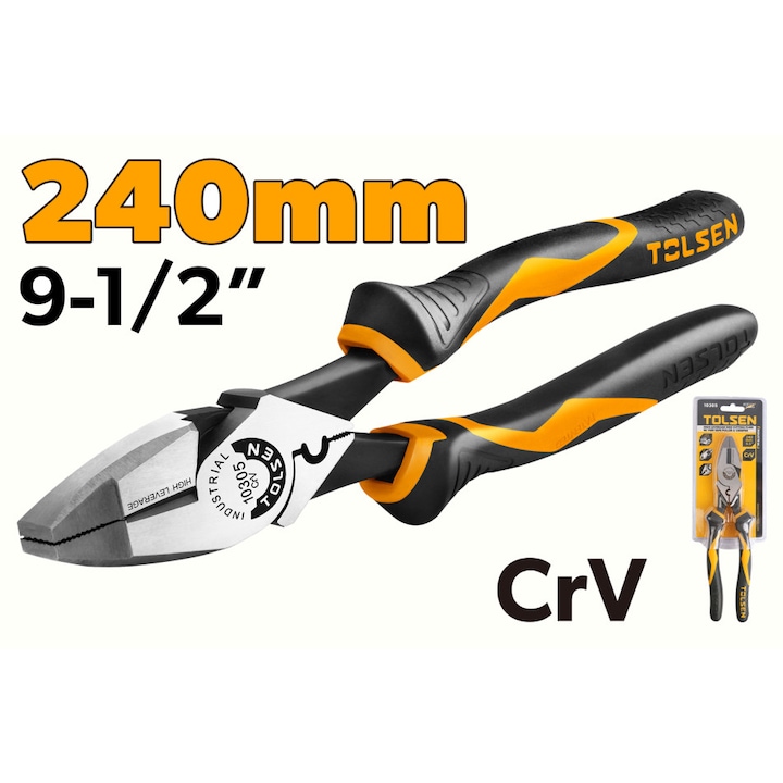 Cleste multifunctional TOLSEN GRIPro 240 mm (9.5"), Cr-V, taiere laterala cu levier mare, cutite intarite inductie, tragator banda otel plata, sertizare conectori, maner ergonomic 2 componente, uz industrial, putere taiere +47%, maner ergonomic