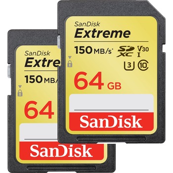Pachet 2x Card de memorie SD SanDisk Extreme, 64GB, 150 MB/s Pachet 2x Card de memorie SD SanDisk Extreme, 64GB, 150 MB/s