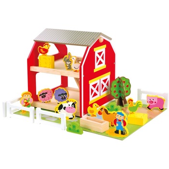 Casuta din lemn, Ferma fericita cu animale din lemn, Isidor, 49 piese, Bino Toys Casuta din lemn, Ferma fericita cu animale din lemn, Isidor, 49 piese, Bino Toys