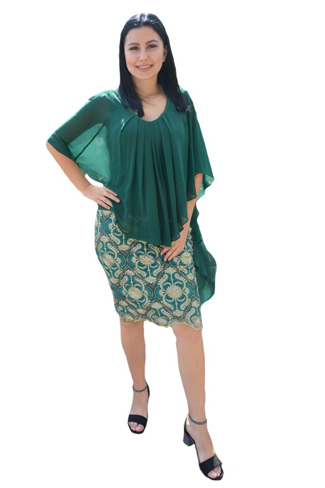 Rochia Ruby, cu broderie florala in partea de jos si voal tip capa,D&J Exclusive, Verde