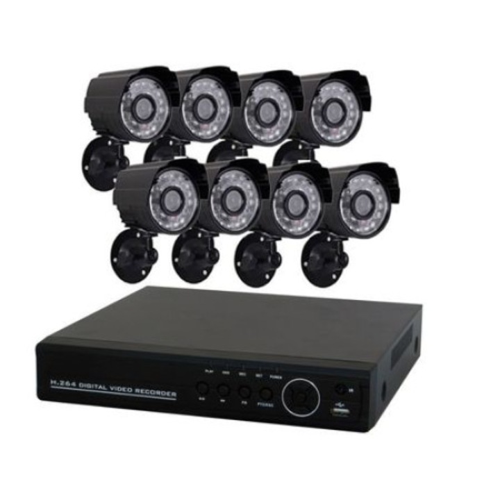 CCTV videó megfigyelő rendszer, 8 kamera, kamera mérete 120 x 65 x 60 mm, működési hőmérséklet - 25 ° C és 50 ° C, tápfeszültség 220 V, modern design, fekete