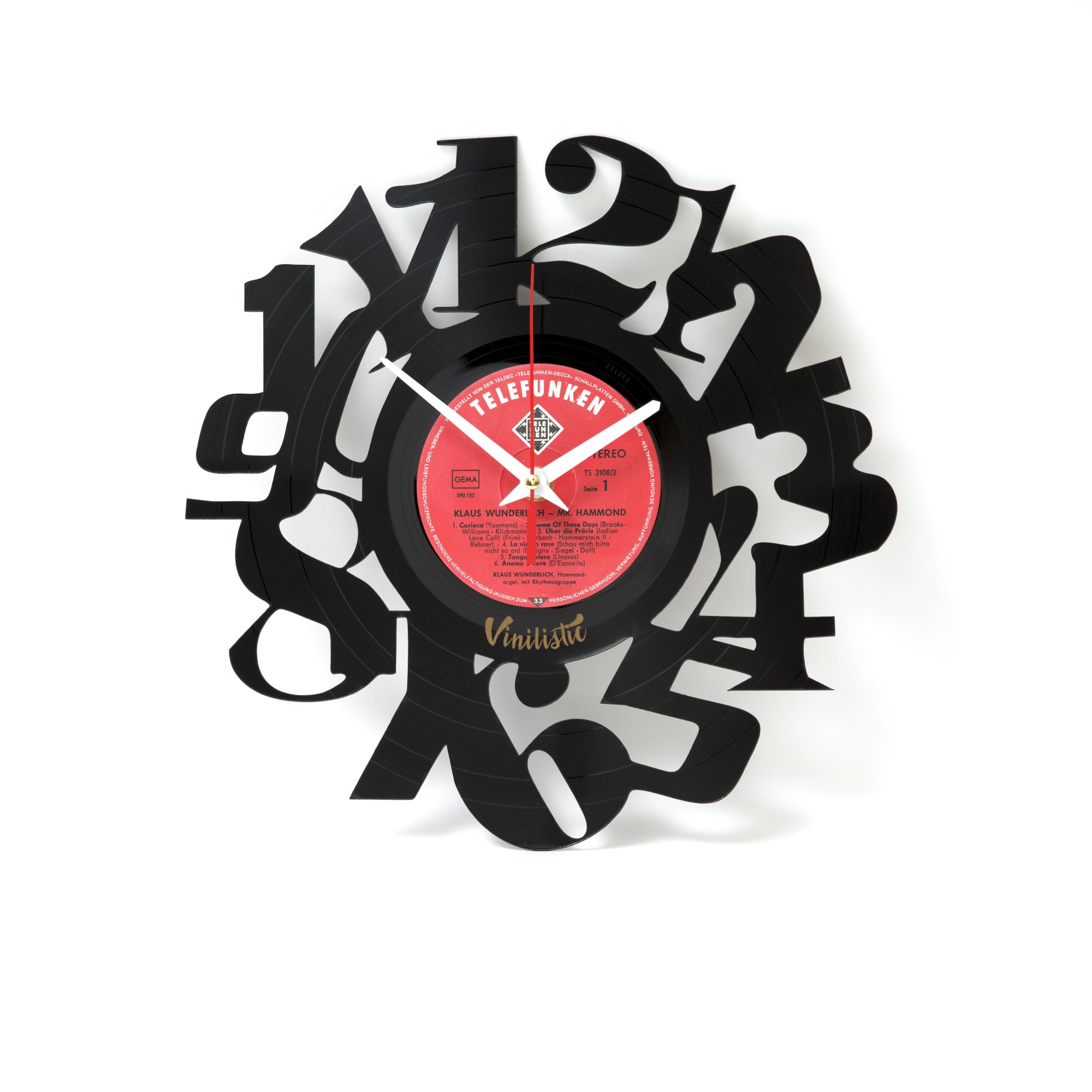 Ceas de perete personalizat din vinil reciclat, Vinilistic, Gammat, Cifre, Clasic, Vinyl, Cadou original, Rosu ,30 cm