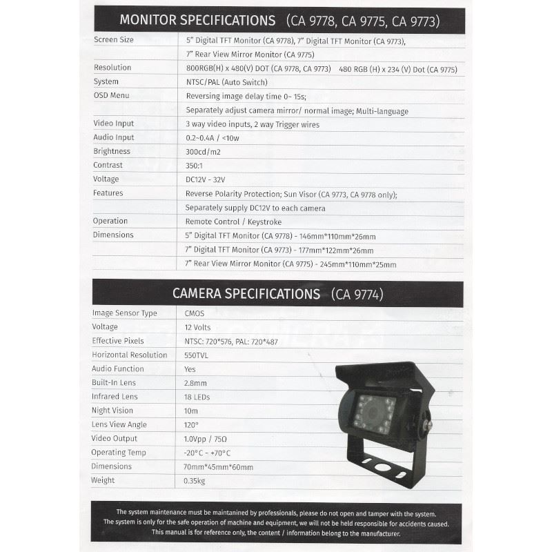 Kit camera mers inapoi cu monitor 7", cablu 20m, 12 24V, CA9770 247