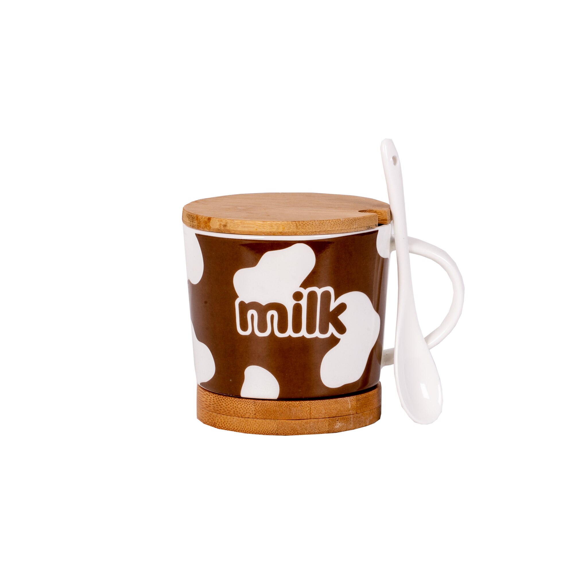 Cana cu lingurita ceramica,suport si capac din bambus model milk maro 300 ml