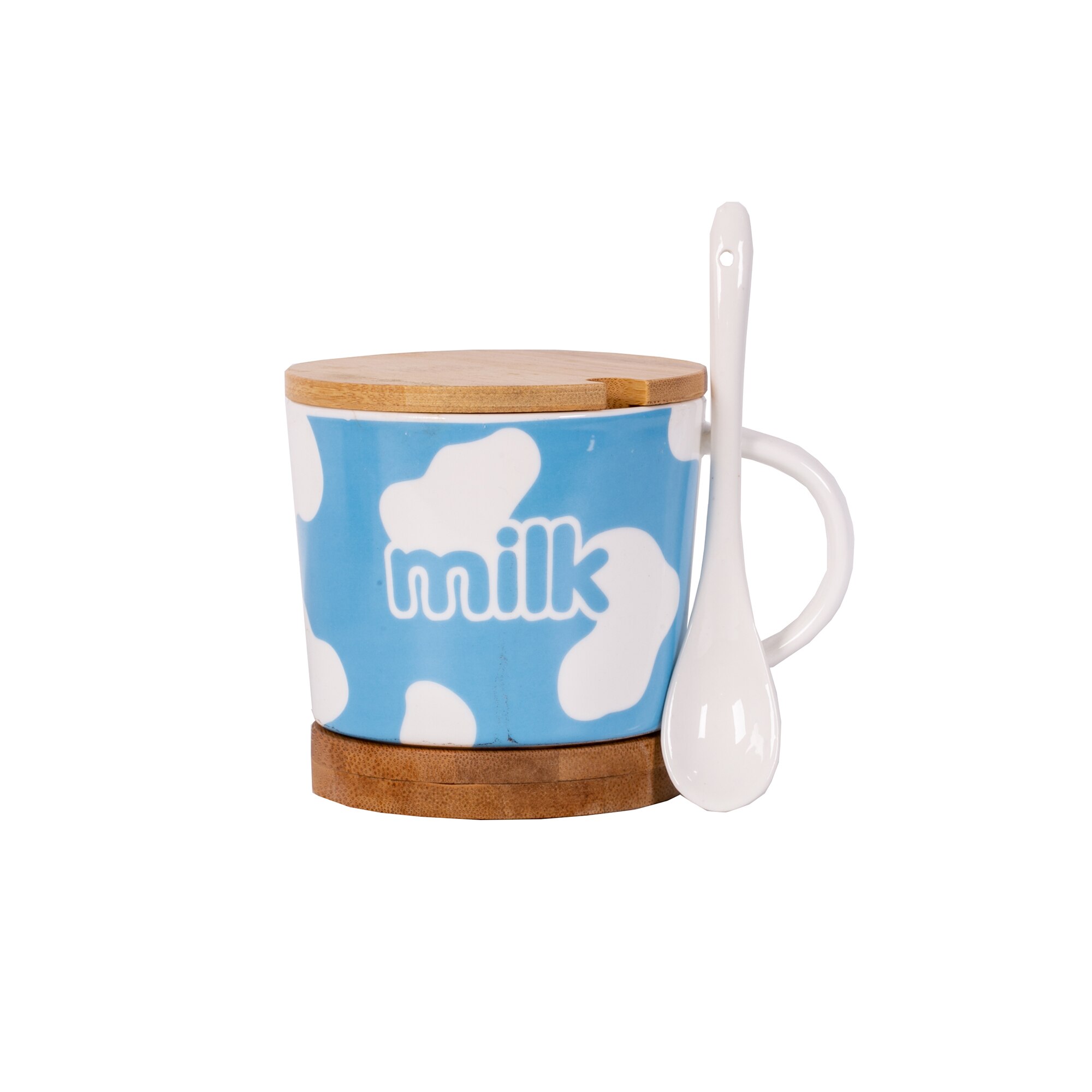 Cana cu lingurita ceramic,suport si capac din bambus model milk albastru 300 ml