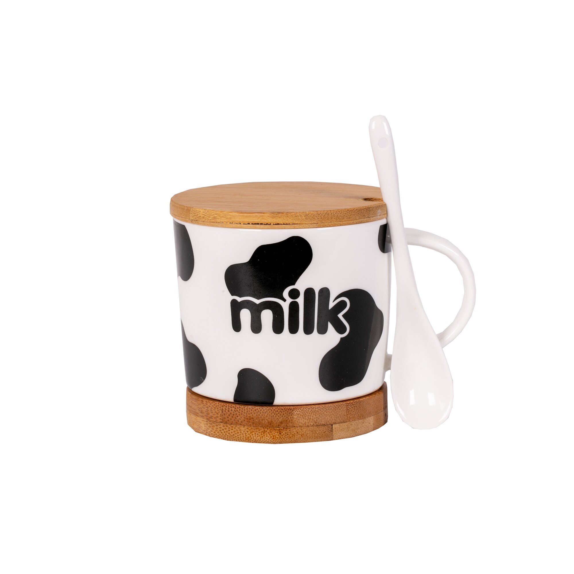 Cana cu lingurita ceramica,suport si capac din bambus model milk negru 300 ml