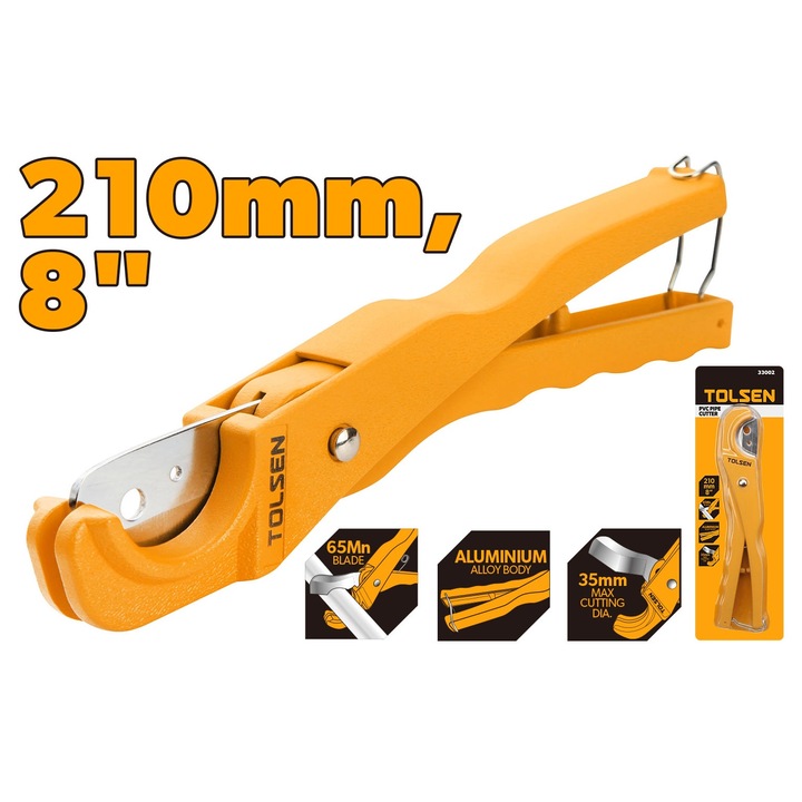 Dispozitiv taiere tevi PVC TOLSEN 3–35mm, lungime 210mm, corp din aliaj de aluminiu, lama otel 65Mn, pentru taiere precisa a tevilor din PVC, PPR, PE, PU si PEX
