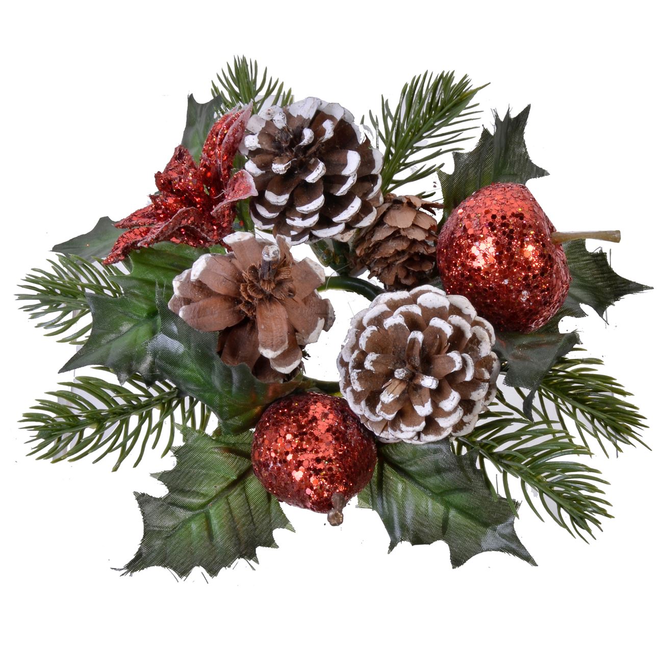 Aranjament decorativ pentru masa de Craciun, model coronita de pus lumanare cu Mere Glitter si Conuri, 20 cm, Multicolor