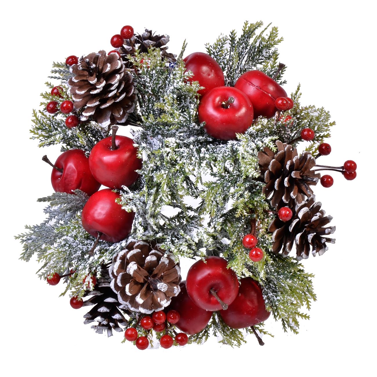 Aranjament decorativ pentru masa de Craciun, model coronita de pus lumanare cu Ninsoare si Fructe, 25 cm, Multicolor