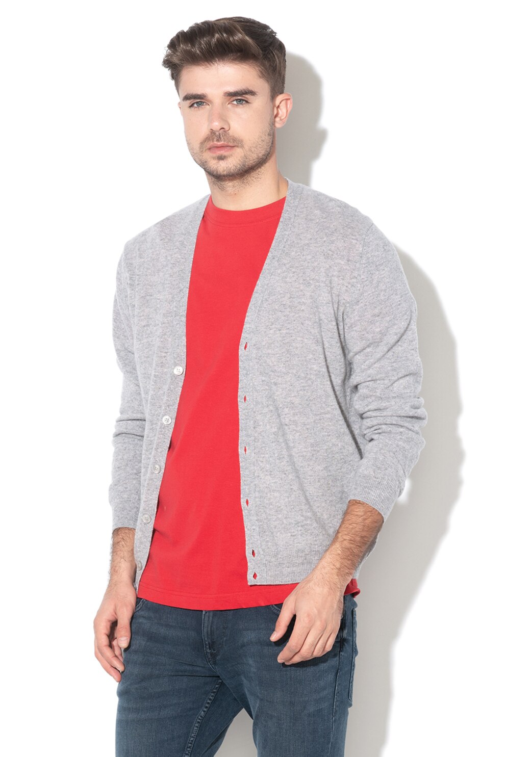 United Colors of Benetton, Cardigan regular fit din lana Merinos virgina, Gri deschis melange, S