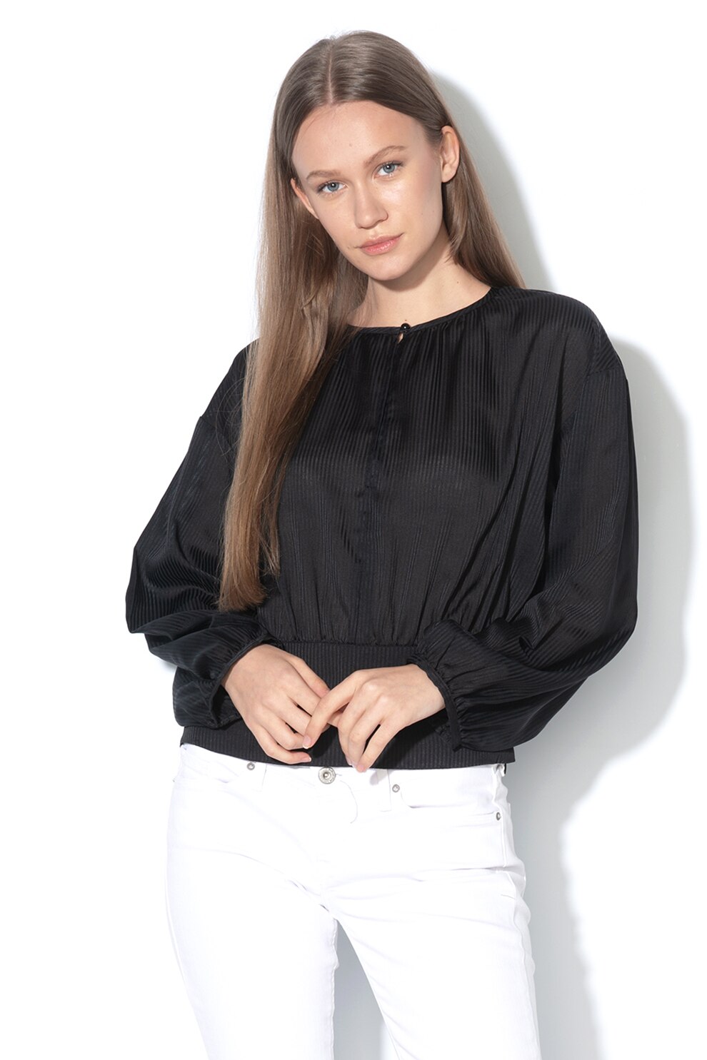 Sisley, Bluza cu model in dungi si maneci cazute, Negru