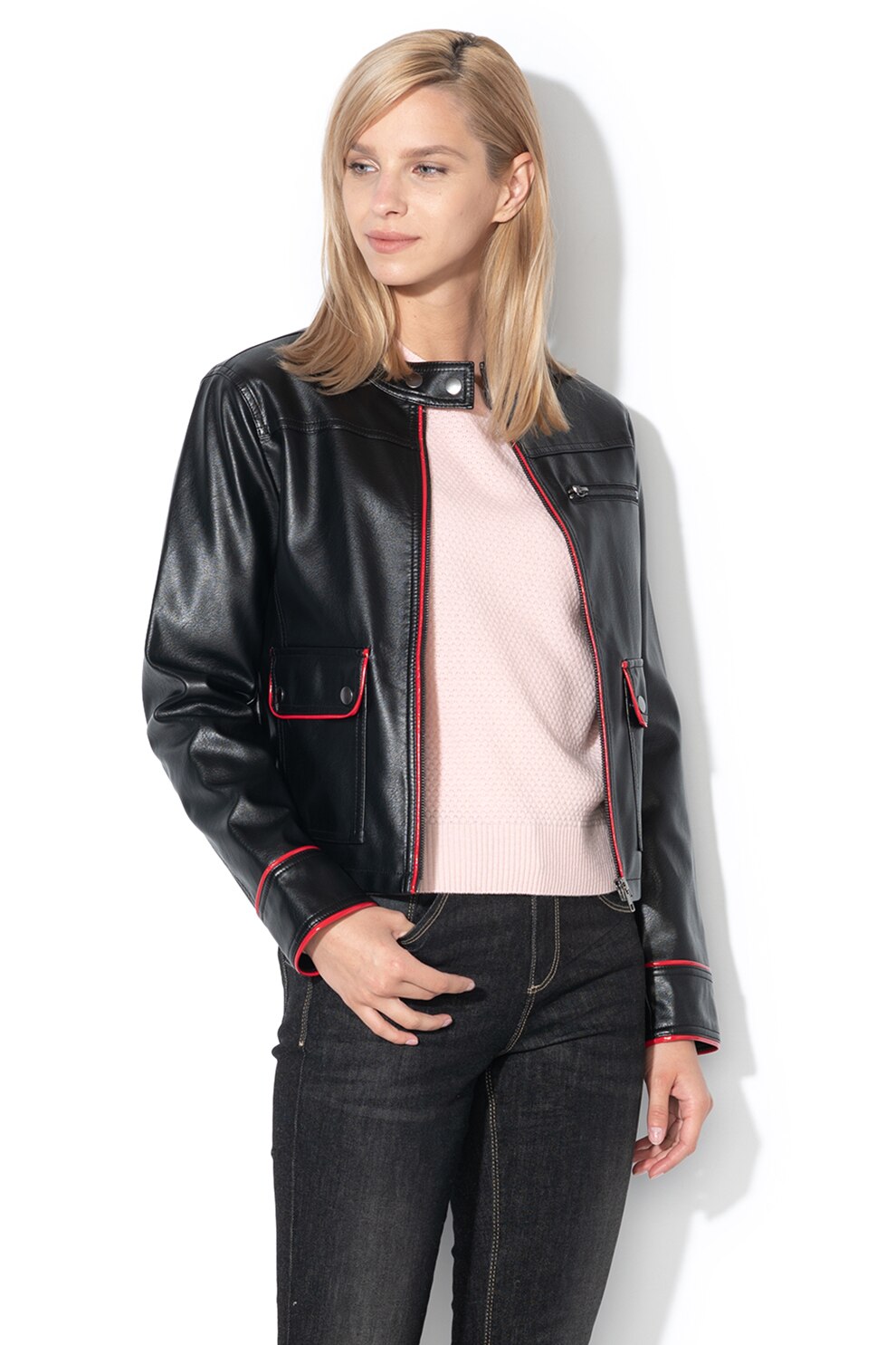 Sisley, Jacheta radford de piele ecologica, cu detalii contrastante, Negru, M