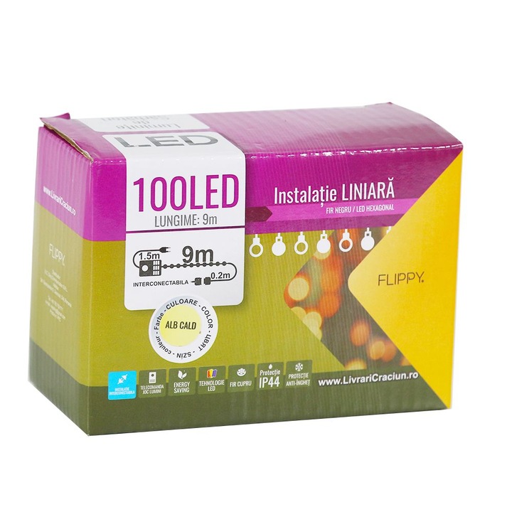 Instalatie de Craciun Tip Liniara, Fir Negru, 9 m, 100 LED-uri Hexagonale, Interconectabila, Alb Cald