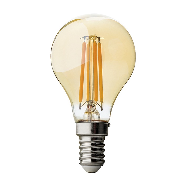 LED filament топка, димираща, UltraLux 4W, E14, 2500K, 220V AC, амбър
