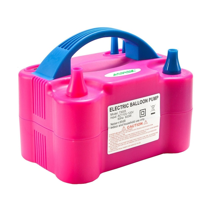 Compresor Profesional pentru umflat baloane si obiecte gonflabile, Putere 600 W, Alimentare 220 V, Culoare Roz&Albastru
