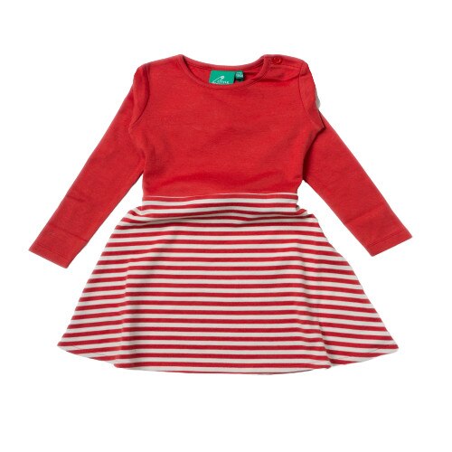 Rochie lejera cu dungute si cordon, bumbac organic, rosu cu alb, fete