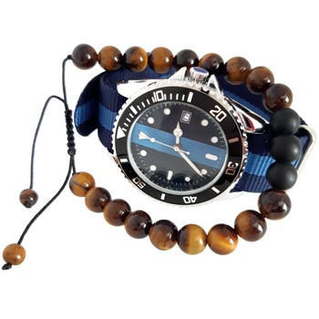 Pachet cadou pentru barbati cu ceas de mana curea nylon bleu-bleumarin si bratara cu pietre naturale tiger eye si agate negre mate Pachet cadou pentru barbati cu ceas de mana curea nylon bleu-bleumarin si bratara cu pietre naturale tiger eye si agate negre mate