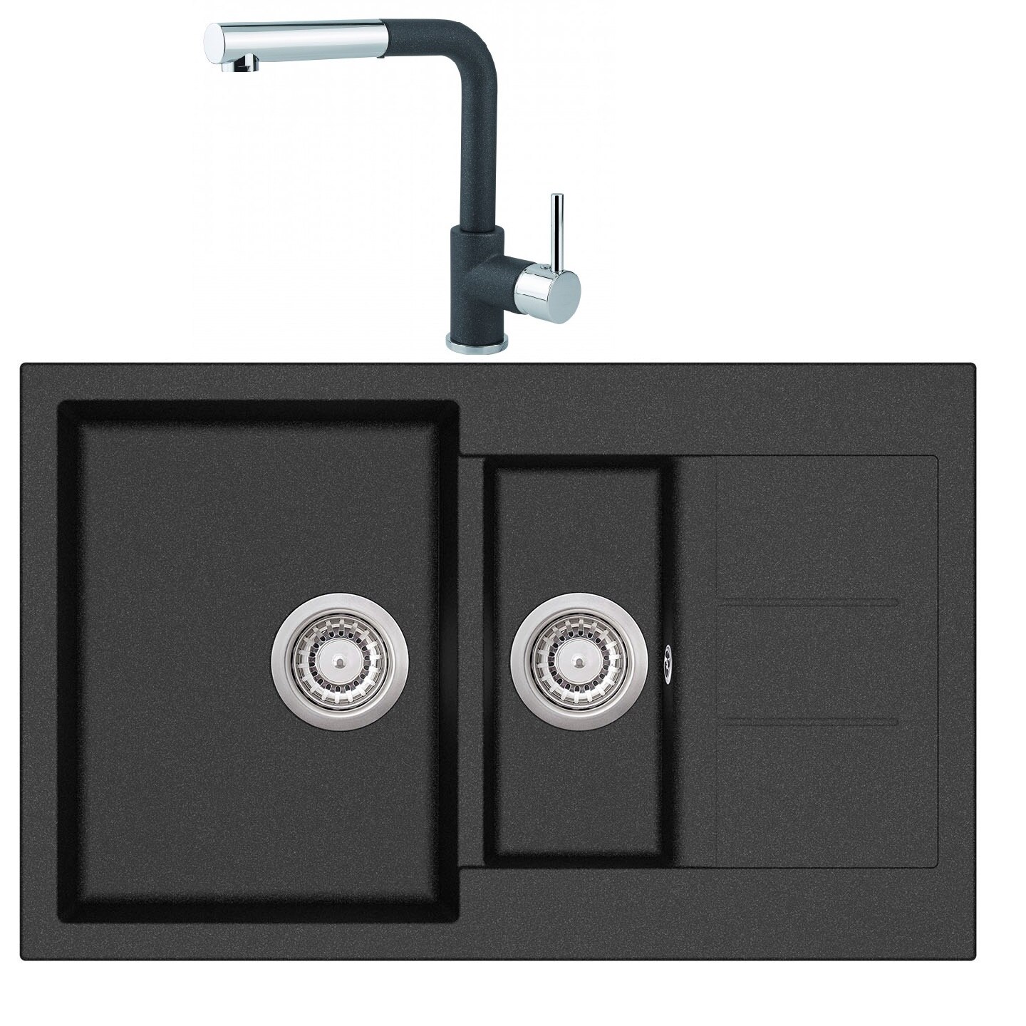 Pachet Aquasanita Tesa SQT151-601W chiuveta silicsana cu baterie Modus, dus retractabil, cartus ceramic negru metalic