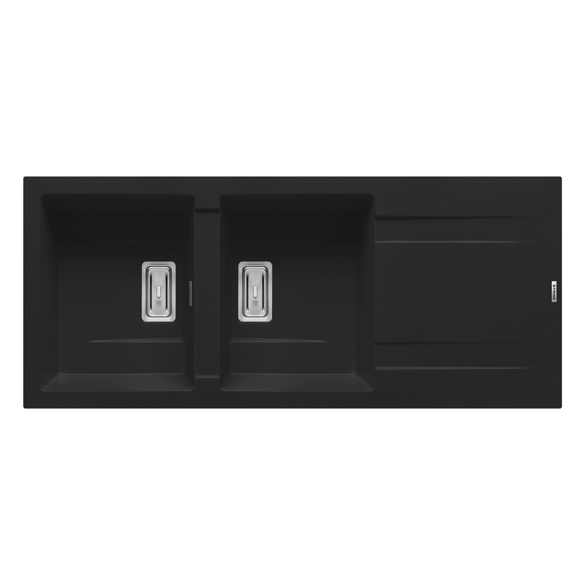 Chiuveta granit Pyramis KARTESIO 1160x500mm, 2 cuve si 1 picurator, adancime 200mm, reversibila, valva dreptunghiulara, finisaj pyragranite carbon