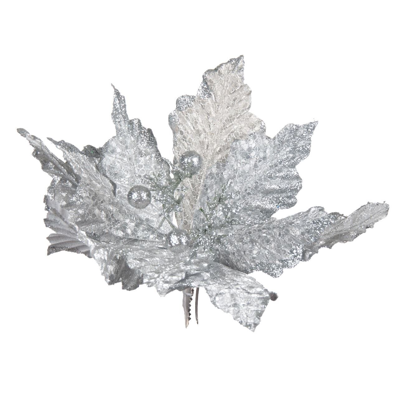 Floare argintie lucioasa cu bobite Craciun, DecorCasa, 25 cm