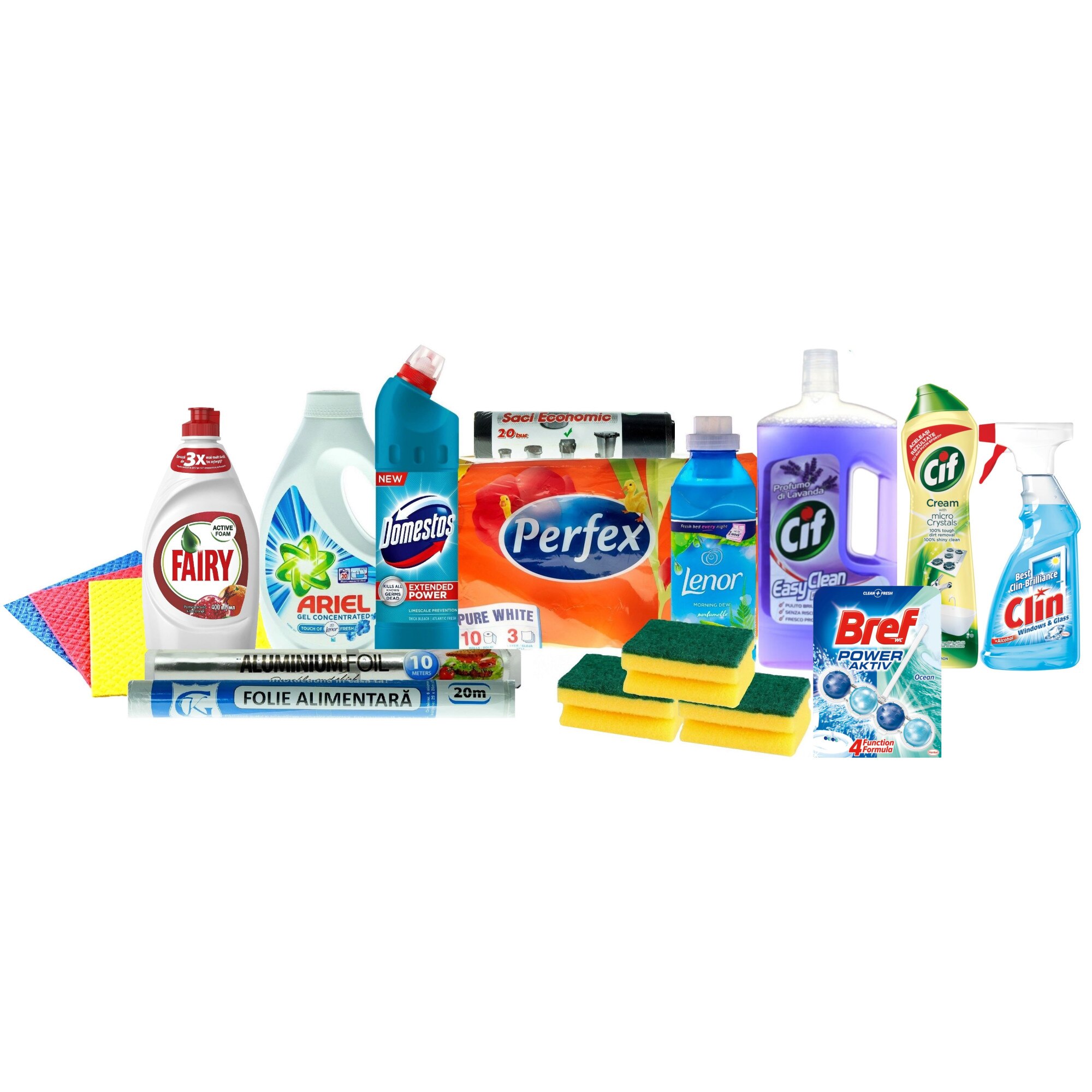 Pachet Ariel1.1l+Fairy 400ml+Domestos750ml+Hartie igienica Perfex10role+Lenor Morning dew 550ml+Cif1l+Cif500ml+Clin 500ml+Bile Bref+3xBureti vase+Folie alimentara+Folie Aluminiu+Lavete umede+Saci Gunoi