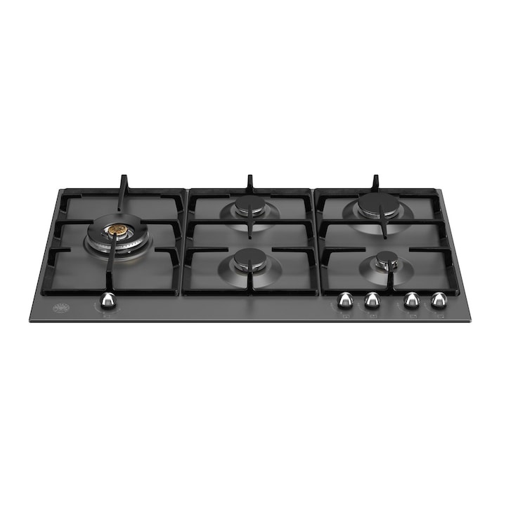 Plita incorporabila pe gaz Bertazzoni, colectie Modern, 75 cm, 5 arzatoare, aprindere electrica, material sticla securizata si fonta, comutatoare rotative cu aprindere electrica, oprire de siguranta, finisaj lucios, usor de curatat, design elegant, negru