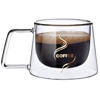 Ceasca cafea 230 ml, din sticla cu pereti dubli, Quasar, termorezistenta, mesaj COFFEE, Ø 7.8 x h 7 cm