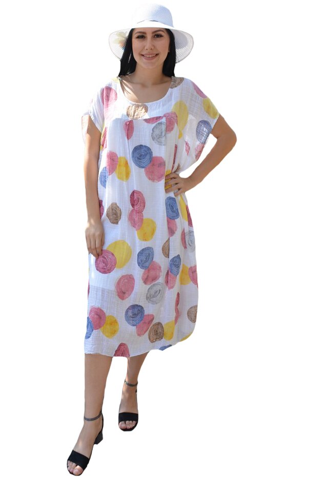 Rochie de vara vaporoasa Alice model cu buline colorate,D&J Exclussive, Alb