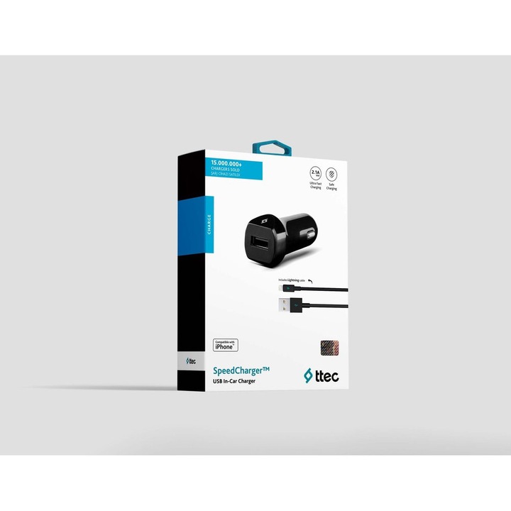 Зарядно SpeedCharger TTEC USB In-Car Charger, 2,1A, incl, Lightning Cable,Black