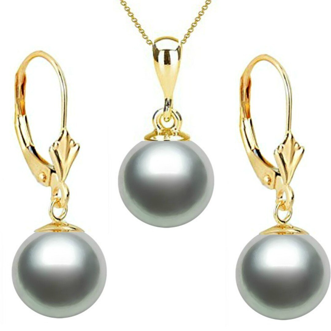 Set Aur Galben Colier si Cercei Model Lalea cu Perle Naturale Premium Gri