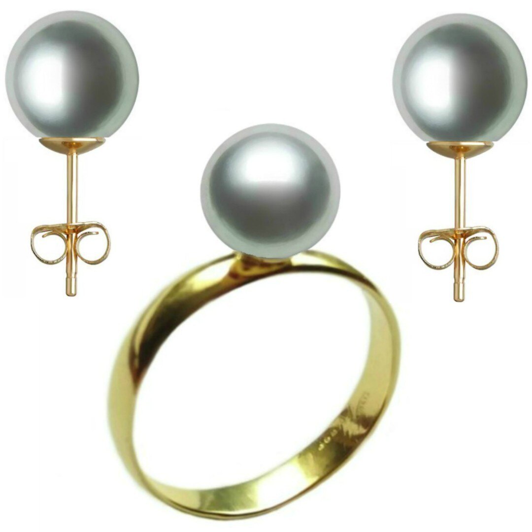 Set Aur Cercei cu Surub si Inel cu Perle Naturale Premium Gri de 8 mm, marimea 20,6 mm