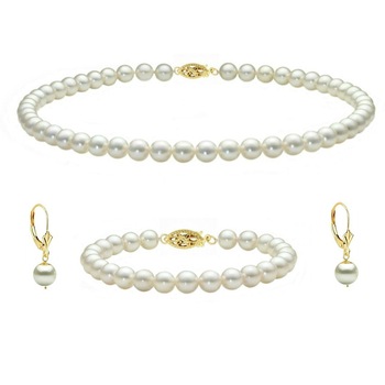 Set Colier, Bratara si Cercei cu Perle Naturale Akoya, de 5,5 - 6 mm, cu Inchizatori Filigranate din Aur Galben de 14 karate Set Colier, Bratara si Cercei cu Perle Naturale Akoya, de 5,5 - 6 mm, cu Inchizatori Filigranate din Aur Galben de 14 karate