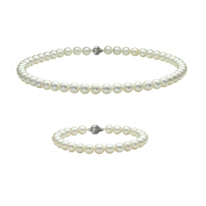 Set Colier si Bratara Perle Naturale Akoya, de 5,5 - 6 mm, cu Inchizatori Sferice din Aur Alb de 14 karate, Kaskadda