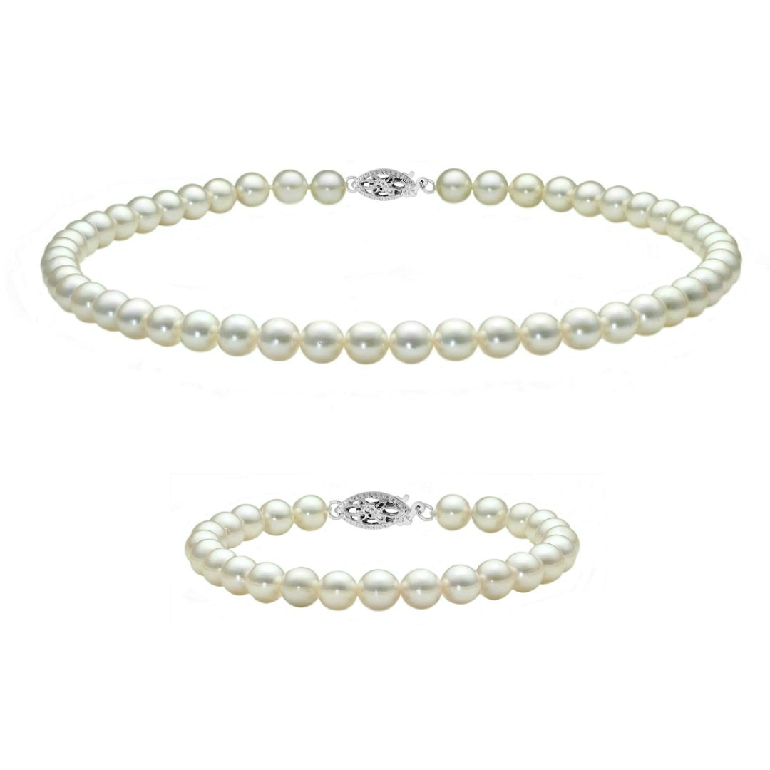 Set Colier si Bratara Perle Naturale Akoya, de 5,5 - 6 mm, cu Inchizatori Filigranate din Aur Alb de 14 karate