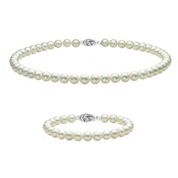 Set Colier si Bratara Perle Naturale Akoya, de 5,5 - 6 mm, cu Inchizatori Filigranate din Aur Alb de 14 karate Set Colier si Bratara Perle Naturale Akoya, de 5,5 - 6 mm, cu Inchizatori Filigranate din Aur Alb de 14 karate