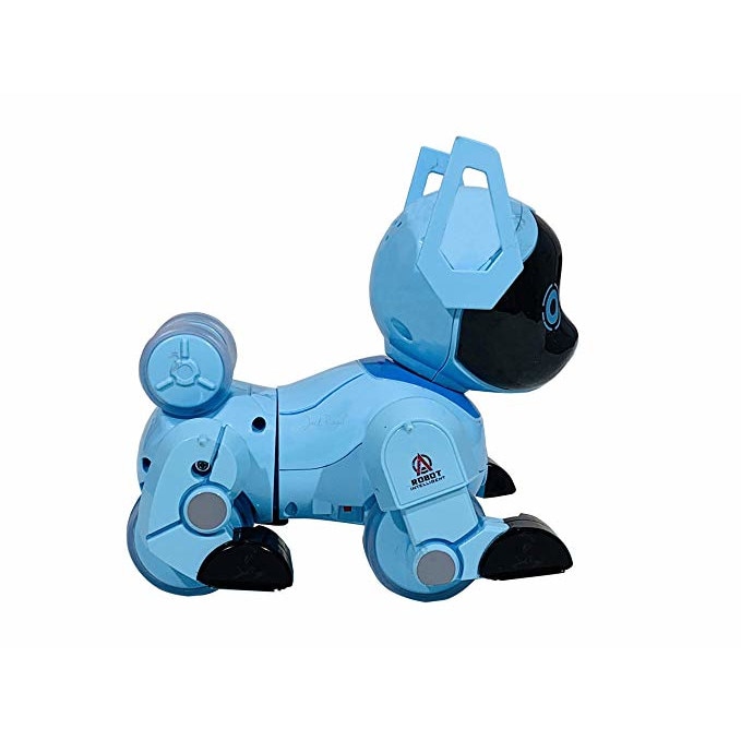 Robot catelus cu telecomanda ceas, PUPPY Stunt Roll, cantece, lumini, rotire 360 de grade, Bleu