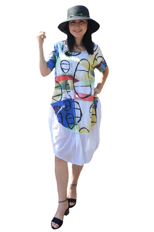 Rochie Agnette, din bumbac, model cu cercuri, decolteu rotund,D&J Exclussive, Alb