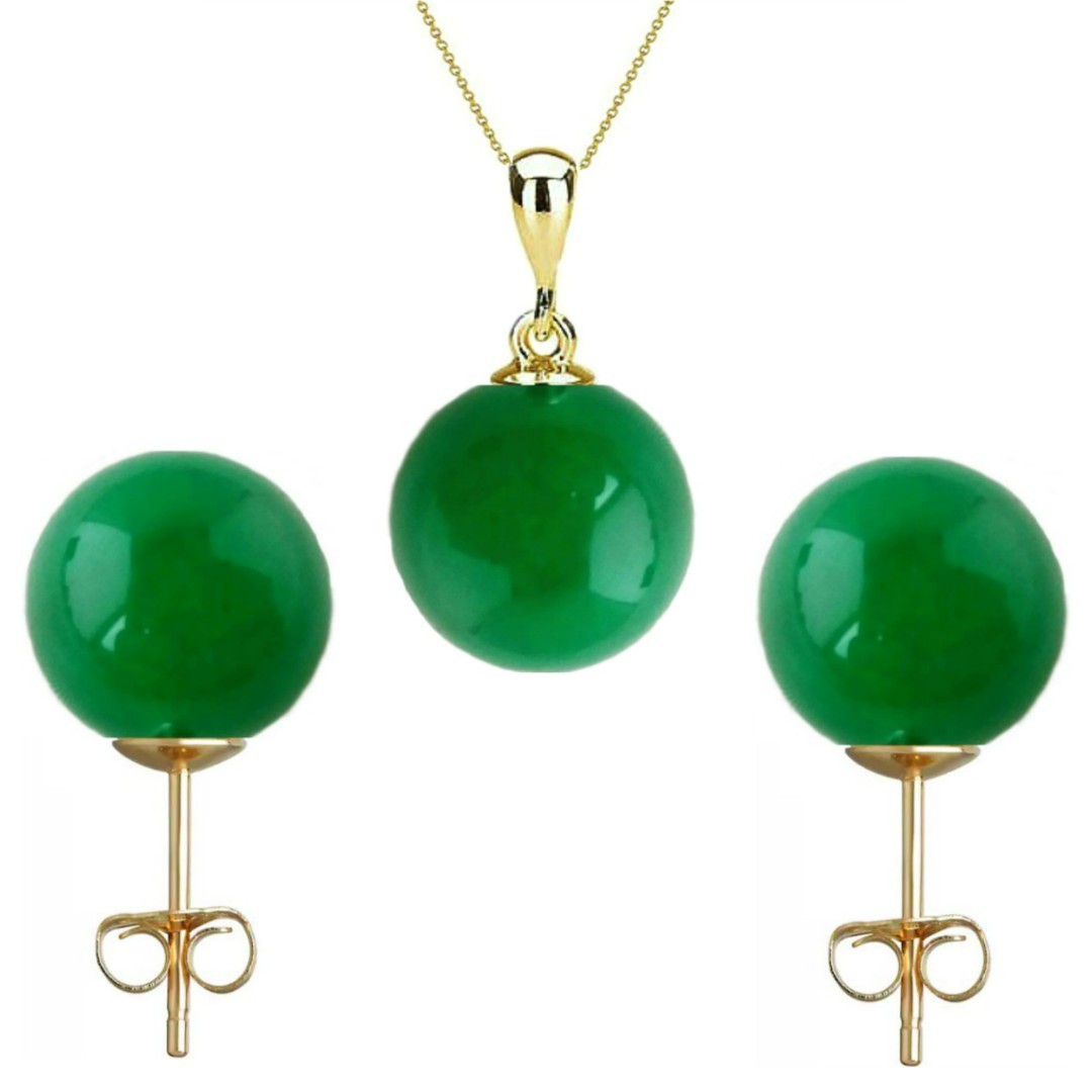 Set Aur Galben Colier si Cercei Tip Surub cu Jad Malaesian