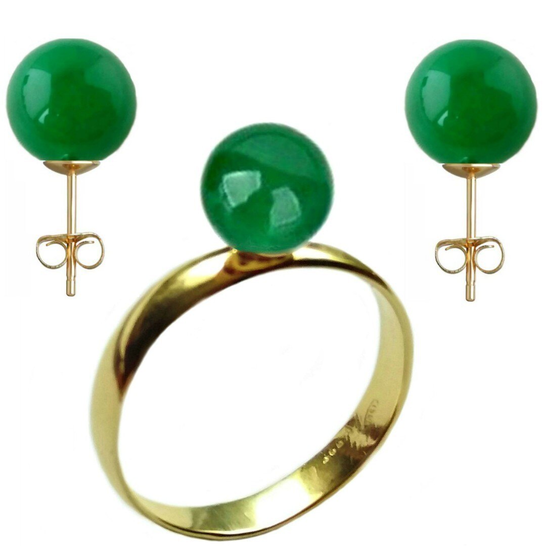 Set Aur Cercei cu Surub si Inel cu Jad Malesian, marimea 18,9 mm