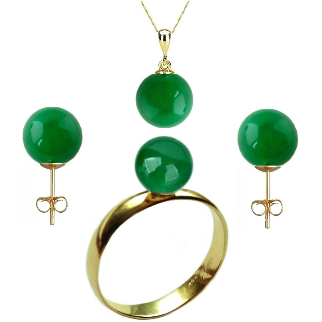 Set Aur Cercei Tip Surub, Colier si Inel cu Jad Malaesian, marimea 20,6 mm