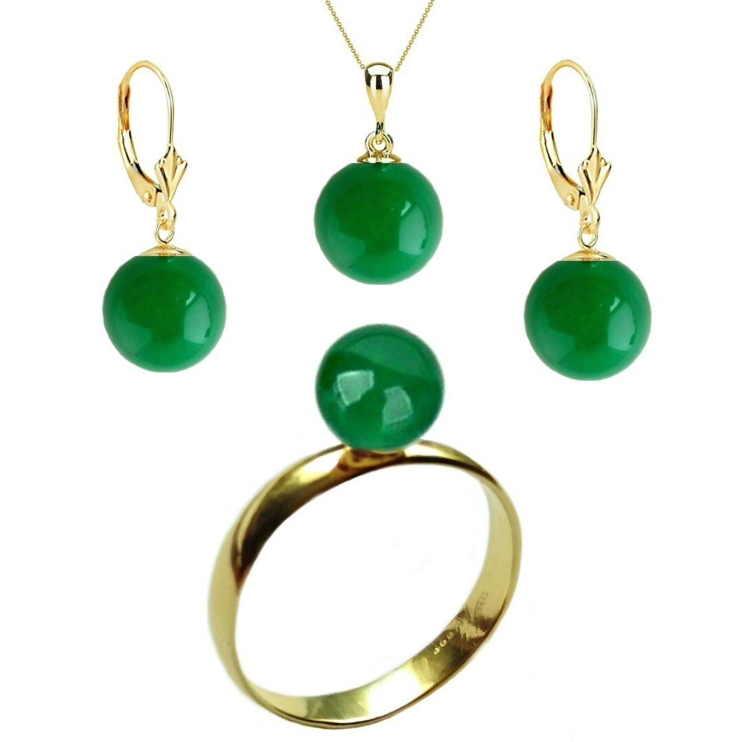 Set Aur Cercei Model Lalea, Colier si Inel cu Jad Malaesian, marimea 18,9 mm