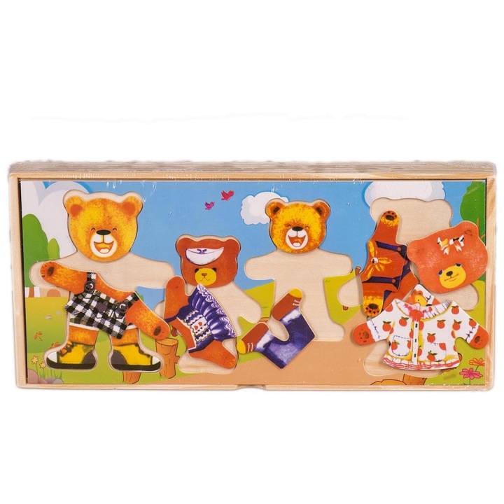 Дървен пъзел "семейство мечета с дрехи", EmonaMall, Светлокафяво