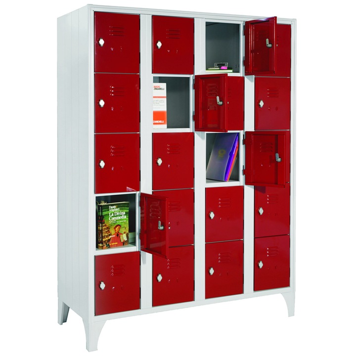 Dulap Vestiar metalic cu picioare si 20 compartimente 170/20, 1200x500x1800 mm, usi color rosu