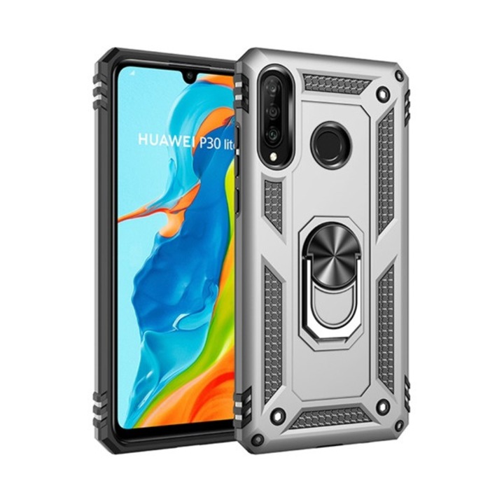 Defender műanyag Hátlapvédő telefontok (közepesen ütésálló, gumi / szilikon belső, telefontartó gyűrű, beépített fémlemez) Ezüst [Huawei P30 Lite (Nova 4e)]