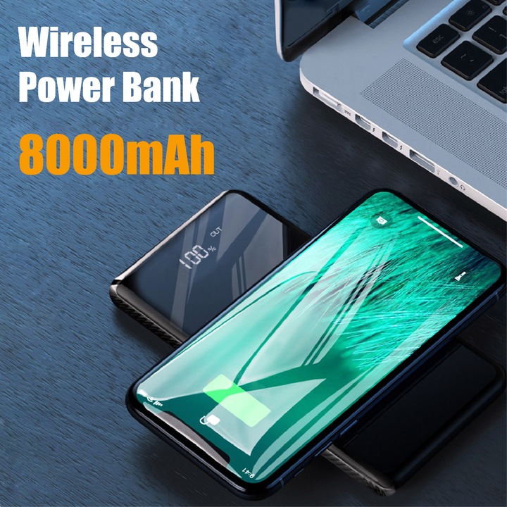 Acumulator extern amXea PB8W1039BL, 8000mAh, Wireless charging, USBx2, Micro USB, Negru