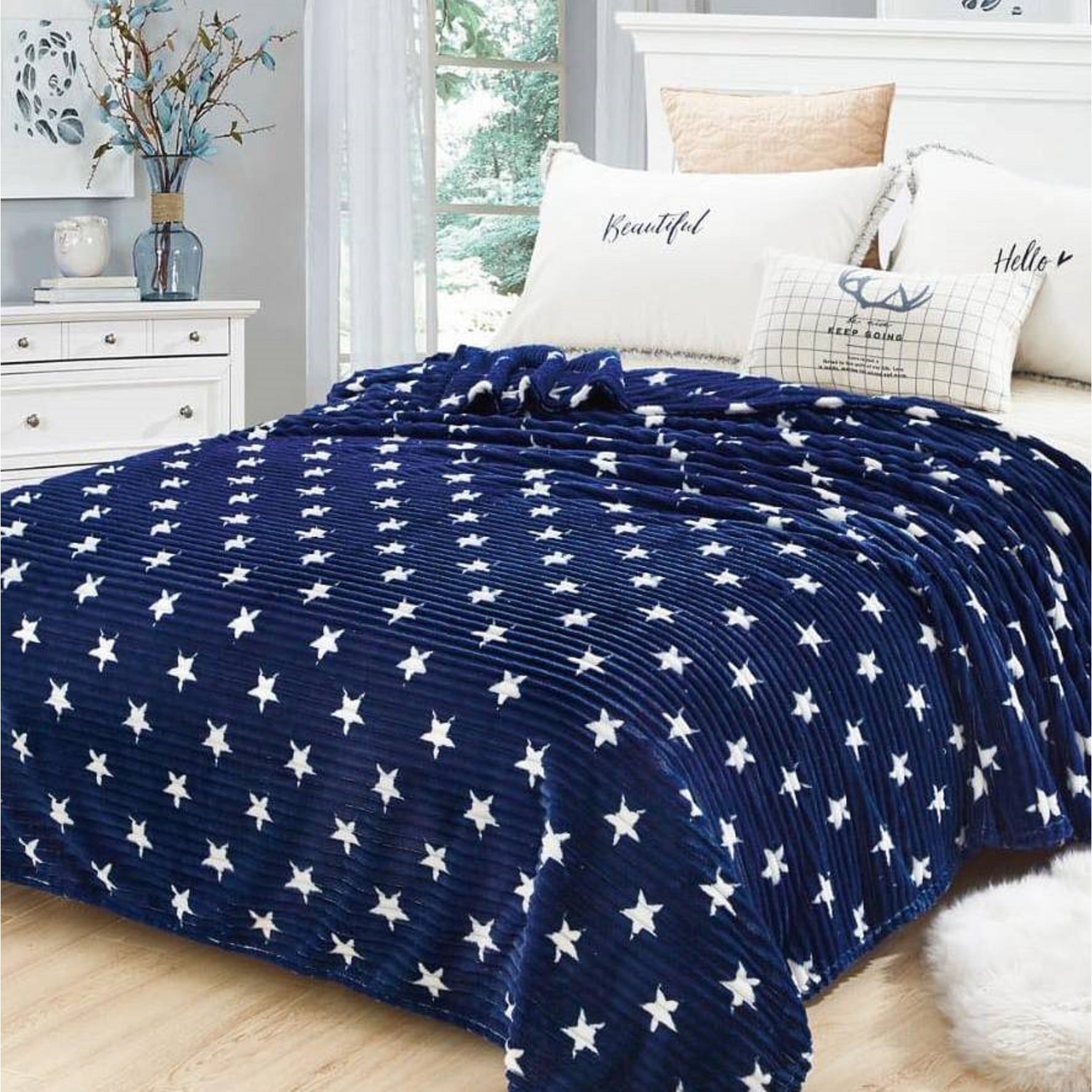 Patura Cocolino moale in patrate cu model, punga cadou 200X230cm bleu Fo376