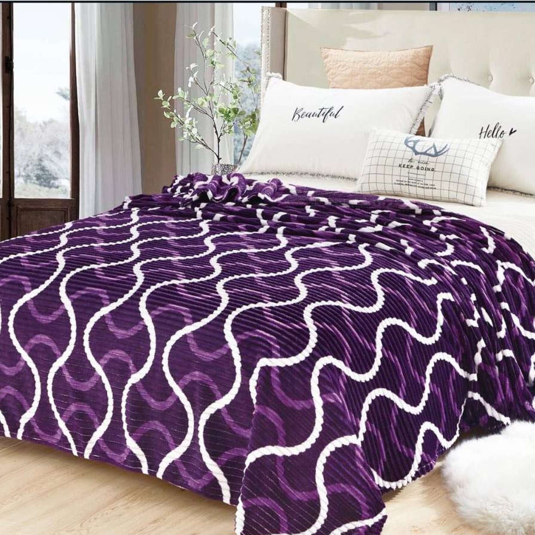 Patura Cocolino moale in patrate cu model, punga cadou 200X230cm mov Fo379