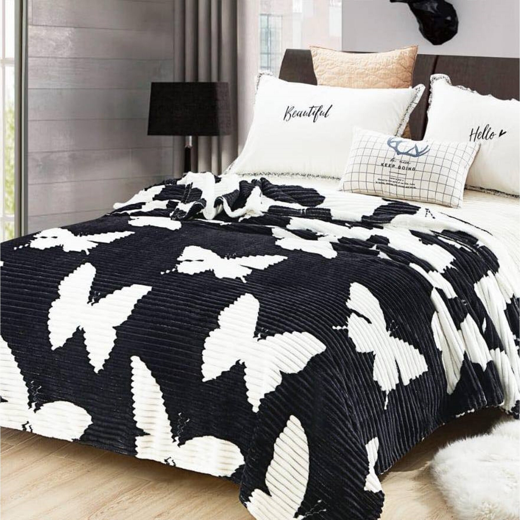 Patura Cocolino moale in patrate cu model, punga cadou 200X230cm negru Fo380